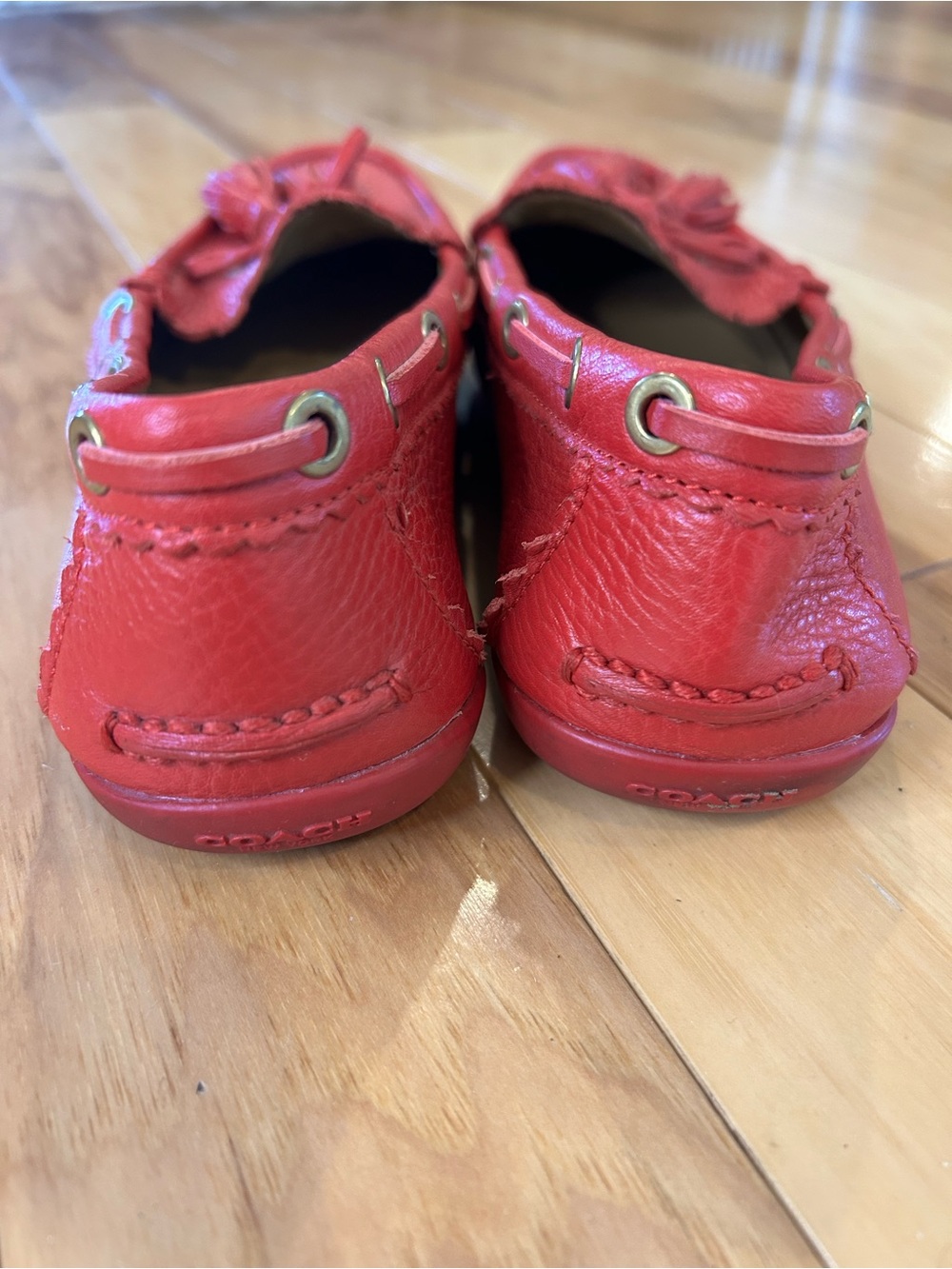 Coach Red Leather Tassel Driving Loafers - Picture 6 of 14
